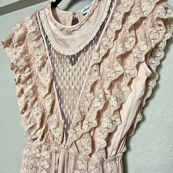 ALICE MCCALL 70s Satin Victorian Ruffle Pointelle Lace Cold Shoulder Maxi Gown 0 - Picture 4 of 8